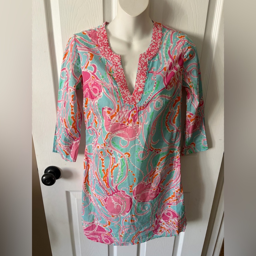 Lilly Pulitzer Jellies Be Jammin Courtney Tunic beaded trim swimsuit coverup XS